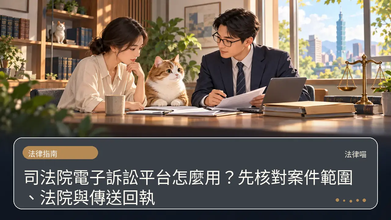 司法院電子訴訟平台怎麼用？先核對案件範圍、法院與傳送回執主題插畫