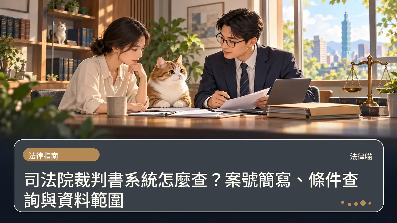 司法院裁判書系統怎麼查?案號簡寫、條件查詢與資料範圍主題插畫
