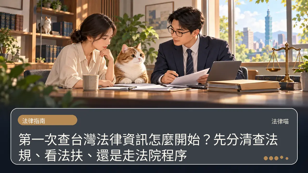 第一次查台灣法律資訊怎麼開始?先分清查法規、看法扶、還是走法院程序主題插畫