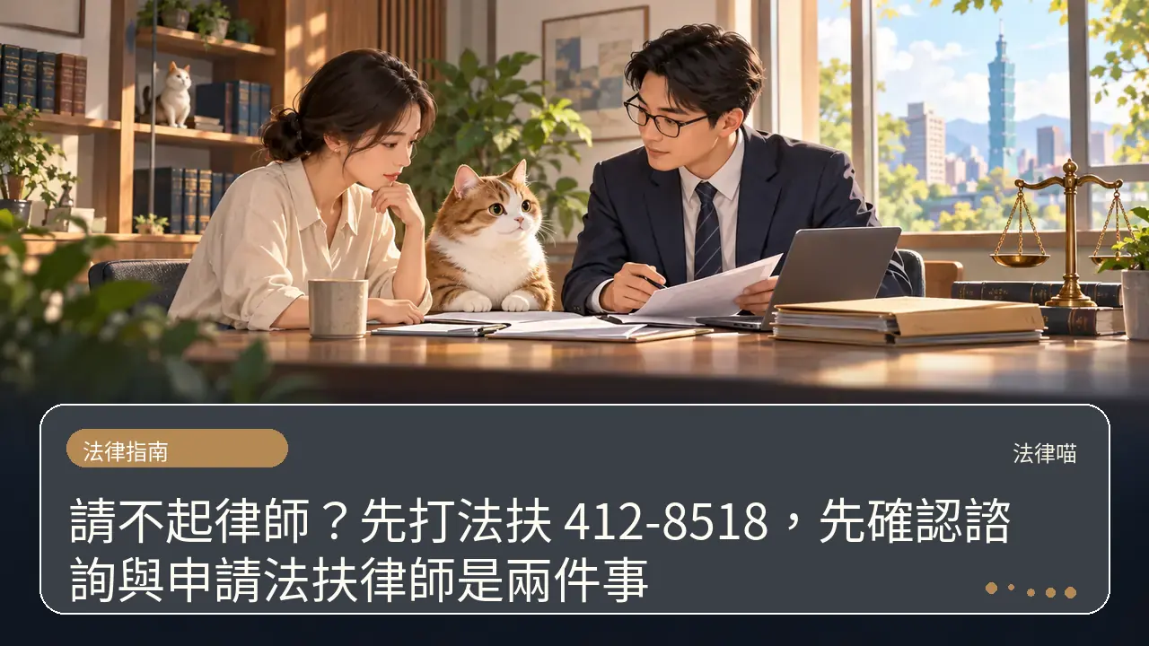 請不起律師?先打法扶 412-8518,先確認諮詢與申請法扶律師是兩件事主題插畫