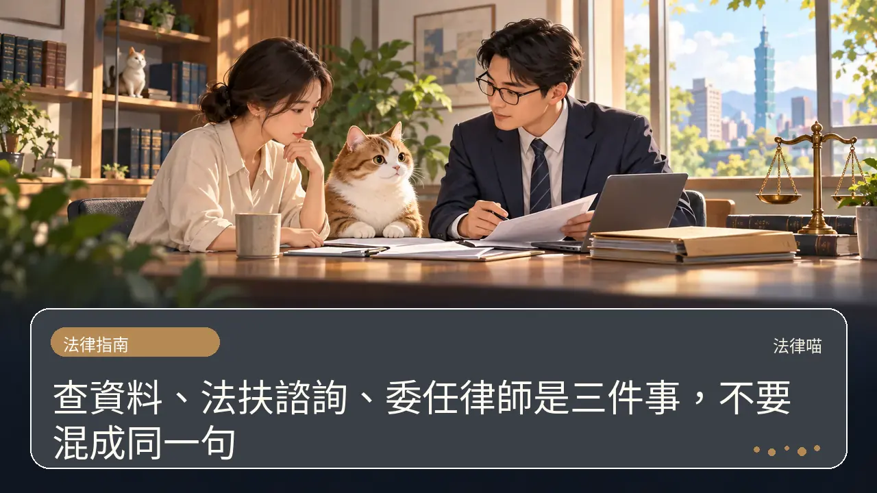 查資料、法扶諮詢、委任律師是三件事,不要混成同一句主題插畫