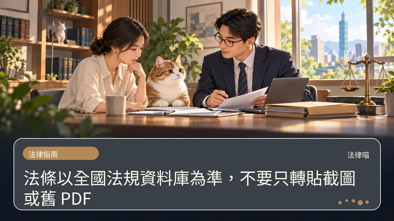法條以全國法規資料庫為準,不要只轉貼截圖或舊 PDF主題插畫